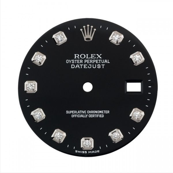 Black Rolex Datejust watch dial with diamond markers and date window