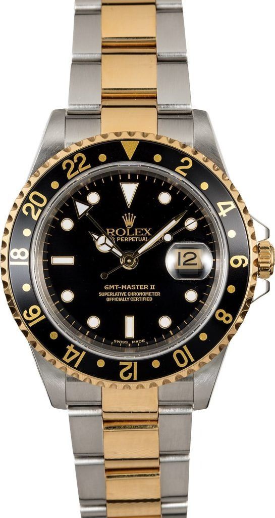 Two-tone gold and silver Rolex GMT-Master watch with black dial and date display