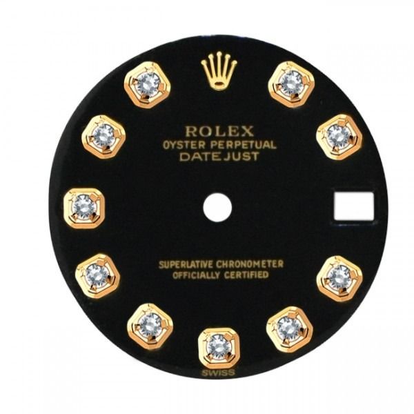 Black Rolex Oyster Perpetual Datejust watch dial with gold markers and crown logo