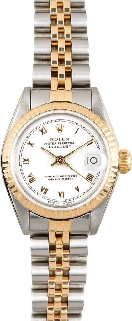 Two-tone gold and silver wristwatch with white dial and date window
