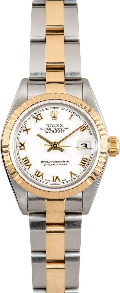 Two-tone gold and silver wristwatch with white dial and date display.