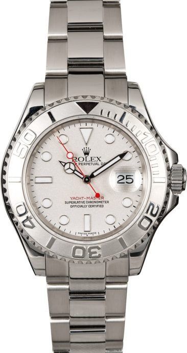 Silver Rolex watch with white face, metal band, and date display at 3 o’clock