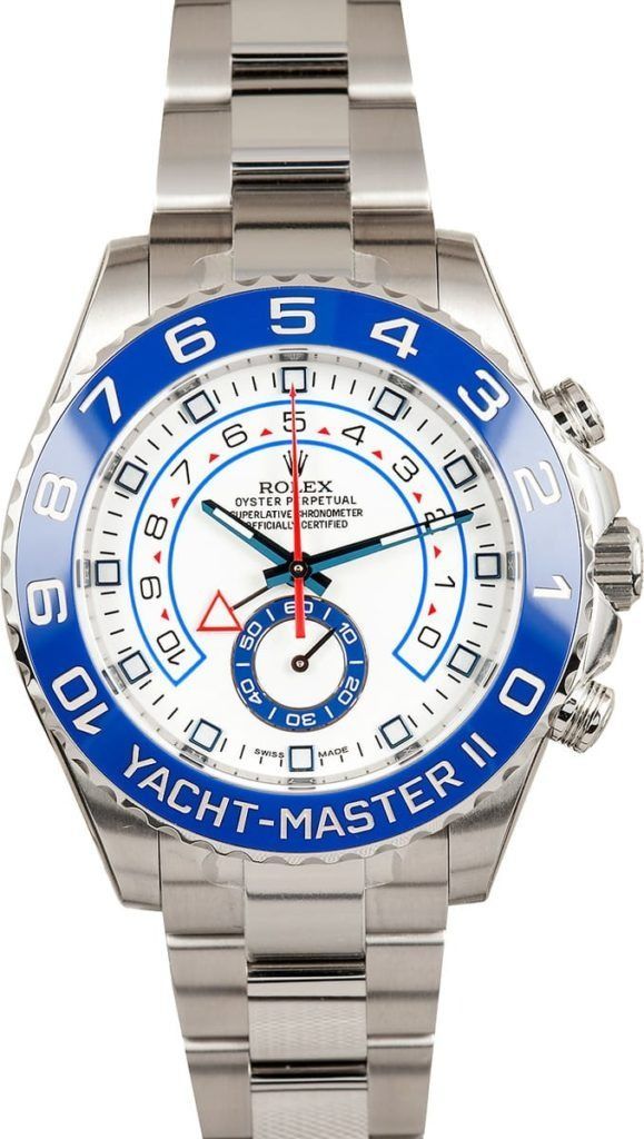Blue and silver Rolex Yacht-Master II wristwatch with metal band and white dial