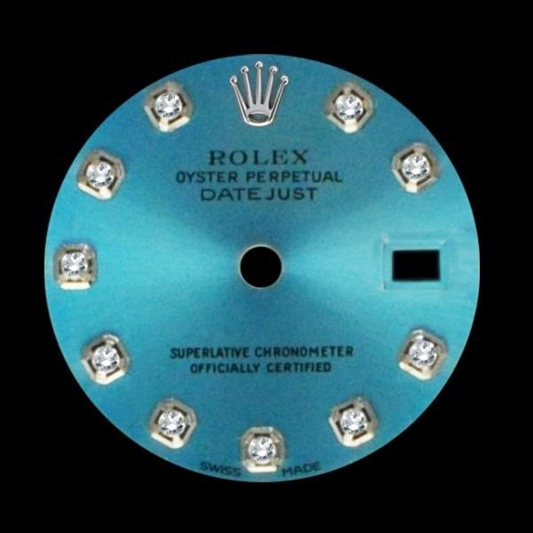 Blue Rolex Oyster Perpetual Datejust watch dial with diamond hour markers and crown logo