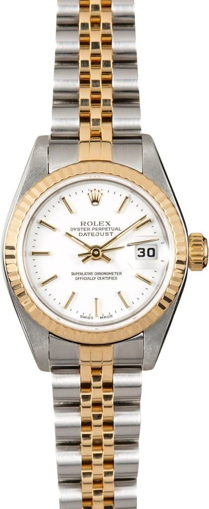 Two-tone gold and silver wristwatch with white face and date display, centered on a white background