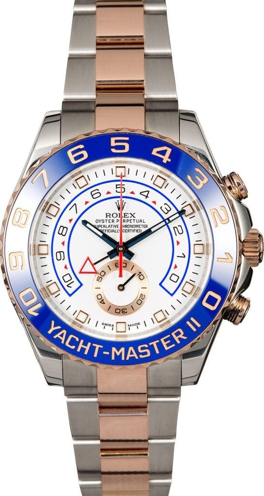Two-tone Rolex Yacht-Master watch with blue bezel, white dial, and gold accents