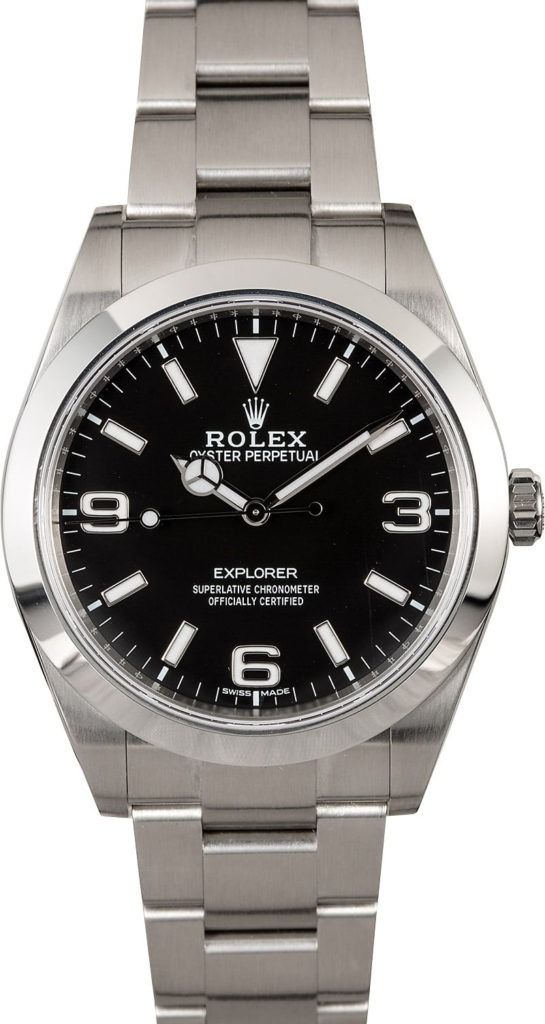 Silver Rolex wristwatch with a black dial and stainless steel band