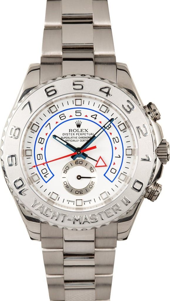 Silver wristwatch with white dial, blue accents, and a stainless steel band.
