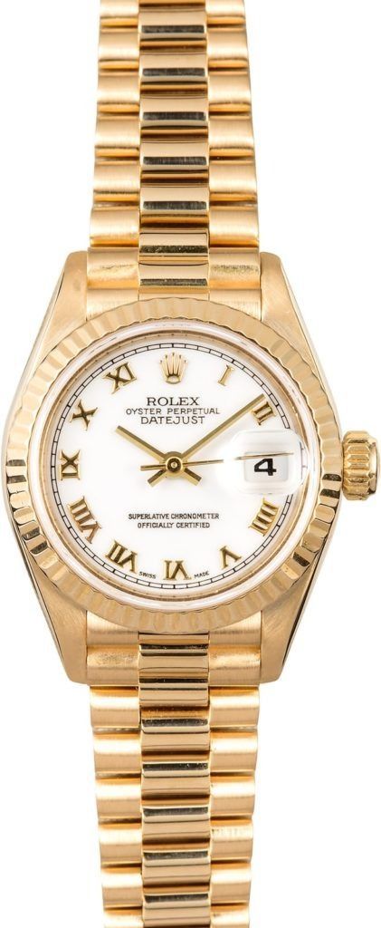 Gold Rolex-style wristwatch with white dial and Roman numerals on a gold bracelet