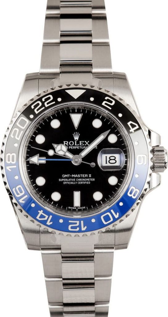 Black and blue Rolex GMT-Master II wristwatch with stainless steel band and date display