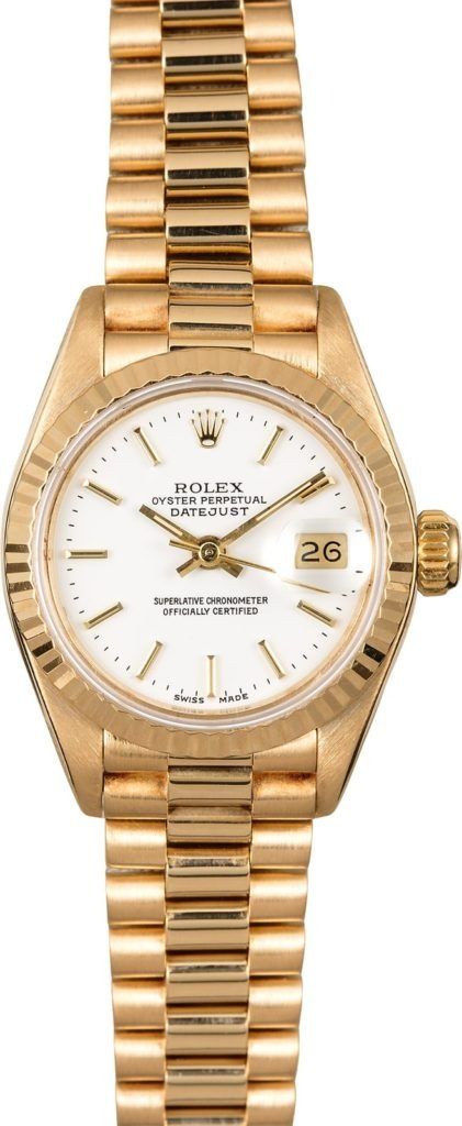 Gold wristwatch with white dial and date window on a gold link bracelet