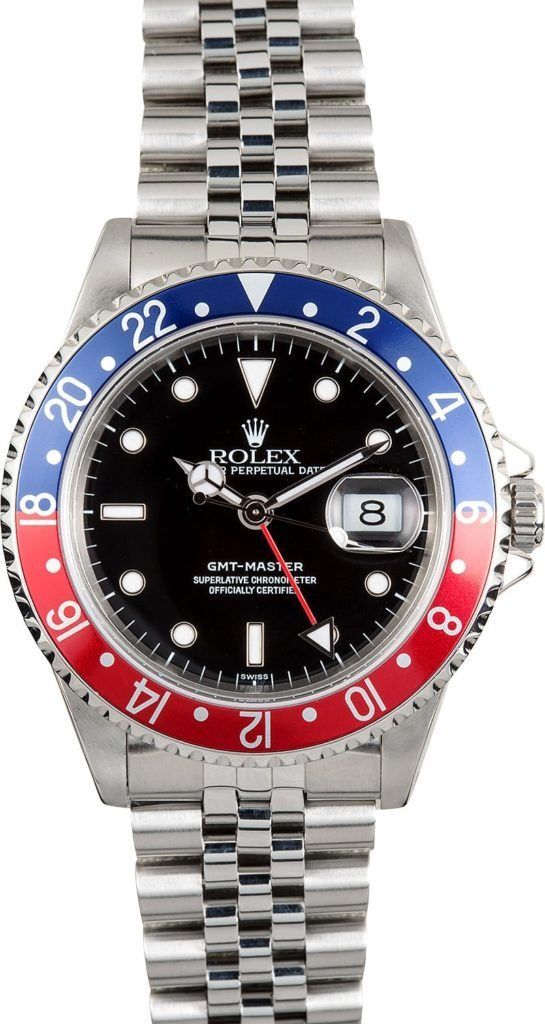 Rolex GMT-Master watch with black dial and red-blue bezel on silver metal bracelet
