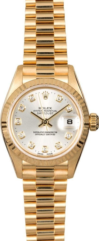 Gold Rolex watch with diamond dial and date window on a gold bracelet