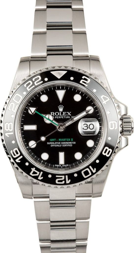 Silver Rolex GMT-Master II watch with black dial and stainless steel bracelet
