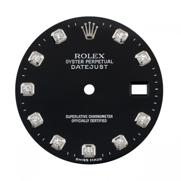 Black Rolex Oyster Perpetual Datejust watch dial with diamond markers
