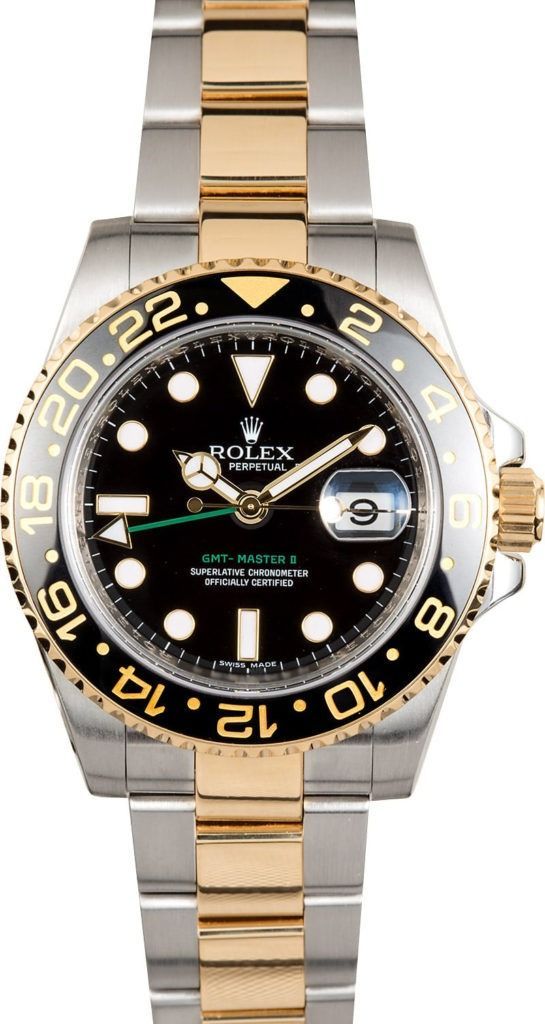 Two-tone Rolex GMT-Master II watch with black dial and black-and-gold bezel on white background