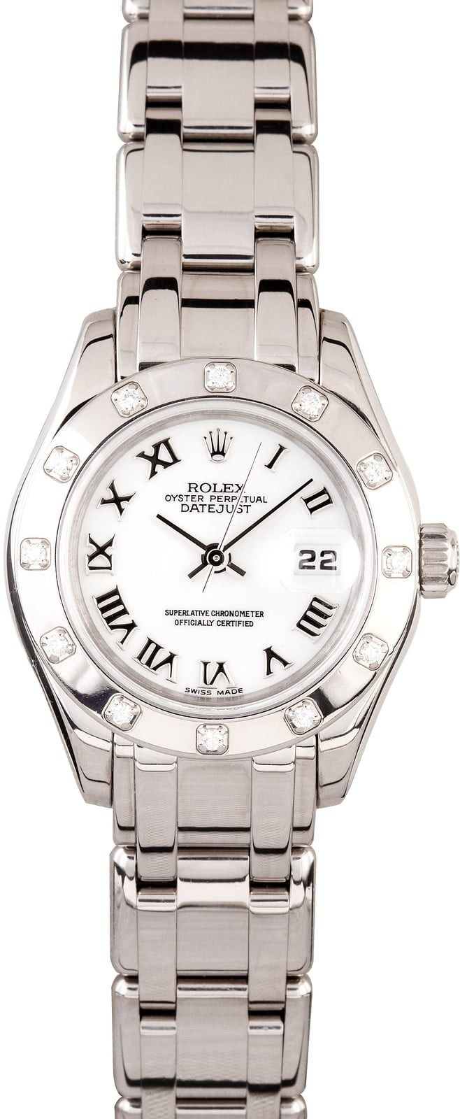 Silver wristwatch with Roman numeral dial and metal link band on a white background