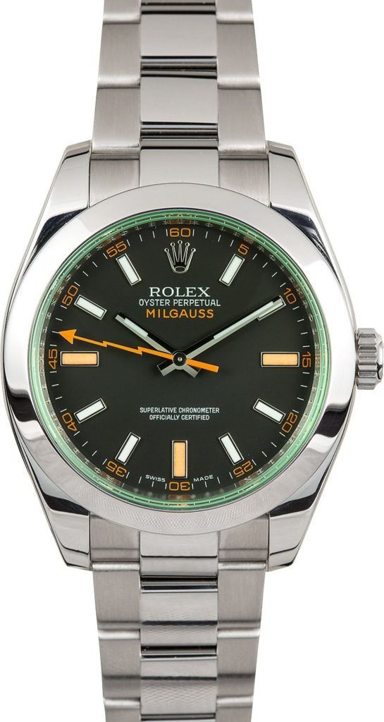 Silver wristwatch with a dark green dial, orange accents, and a stainless steel band.