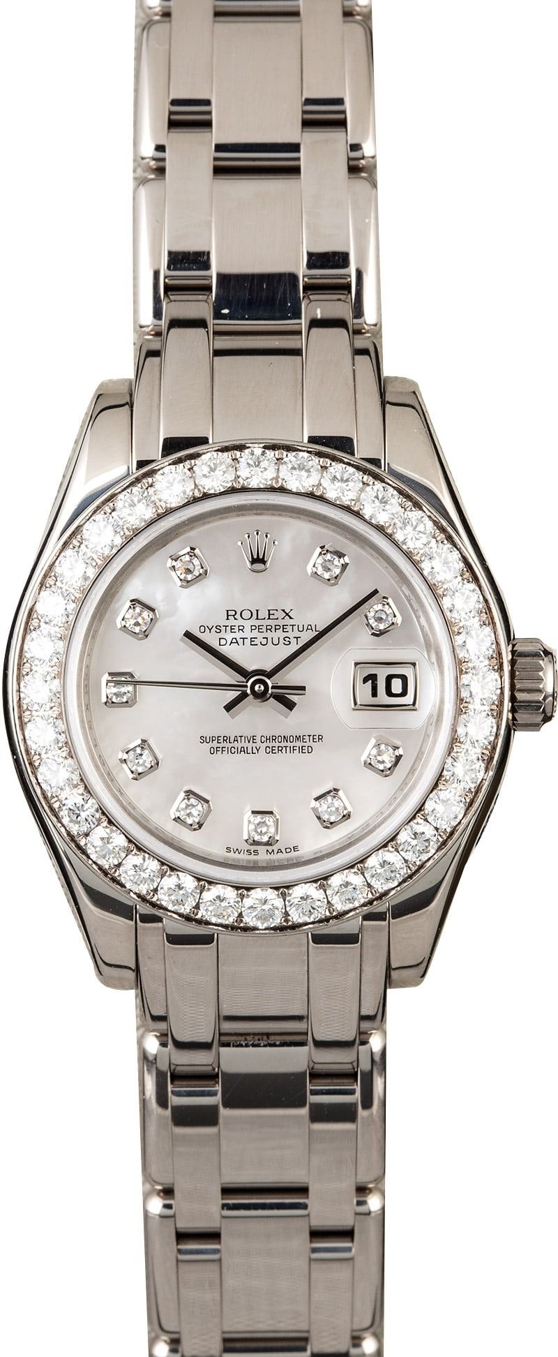 Silver wristwatch with diamond bezel and white face showing 10:10