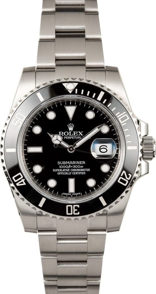 Black Rolex-style wristwatch with silver metal band and date window