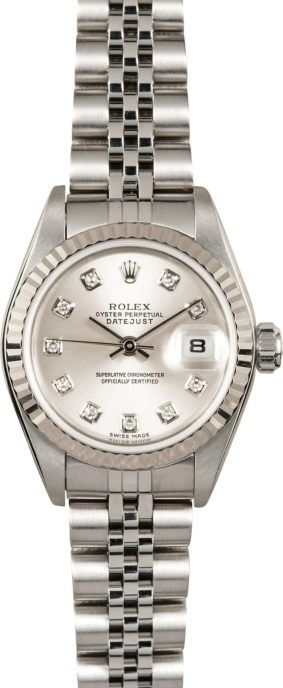 Silver Rolex wristwatch with diamond markers and date display on a metal bracelet