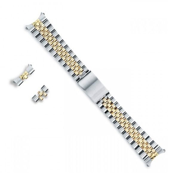 Silver and gold link bracelet with two matching clasp components on white background