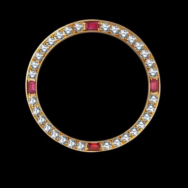Gold ring with red gemstones and clear diamonds on a black background