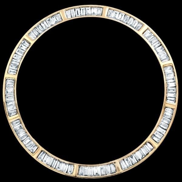 Gold ring with rectangular diamonds set around the band on a black background