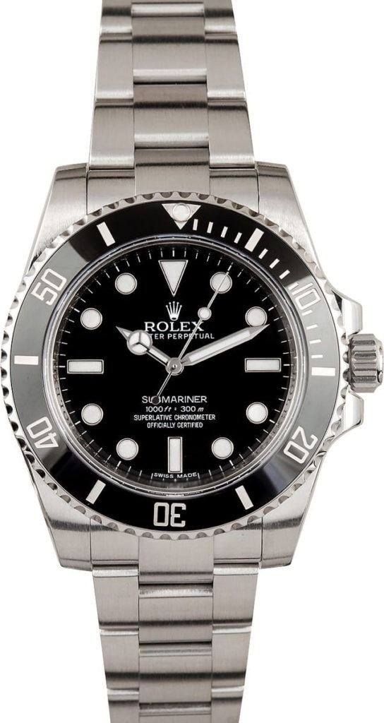 Silver wristwatch with black dial and stainless steel band, viewed front-on.