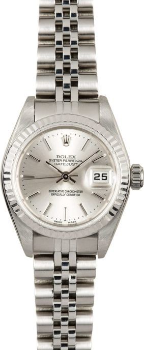 Silver Rolex wristwatch with diamond bezel and date display on a metal bracelet