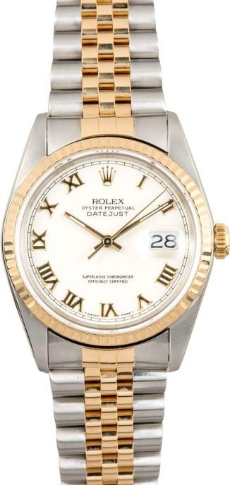 Two-tone Rolex wristwatch with white dial, Roman numerals, and date window
