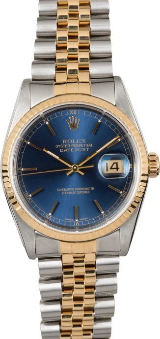 Blue dial two-tone Rolex wristwatch with date display on a silver and gold bracelet