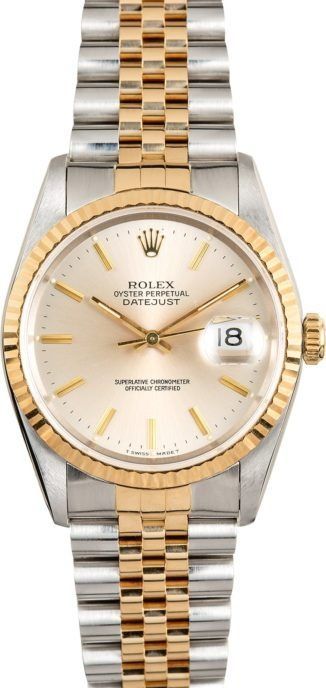 Two-tone Rolex Datejust wristwatch with silver dial, gold accents, and date window