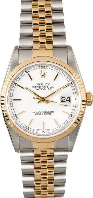 Two-tone gold and silver Rolex wristwatch with white dial and date display