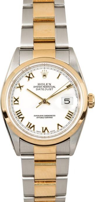 Two-tone gold and silver Rolex watch with white dial and Roman numerals