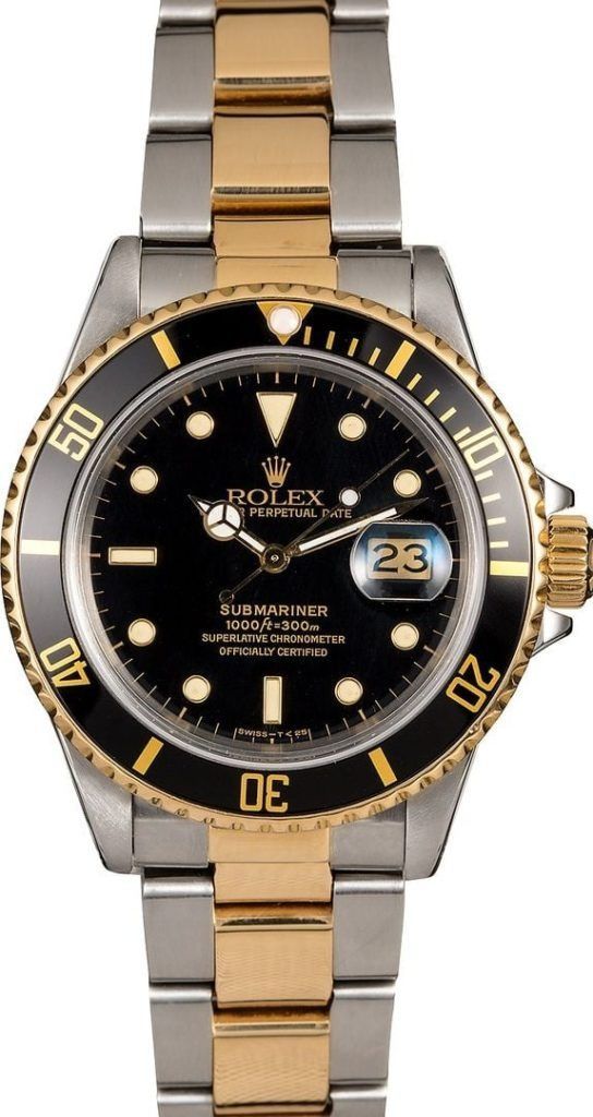 Two-tone Rolex Submariner watch with black dial and bezel, showing date at 3 o’clock