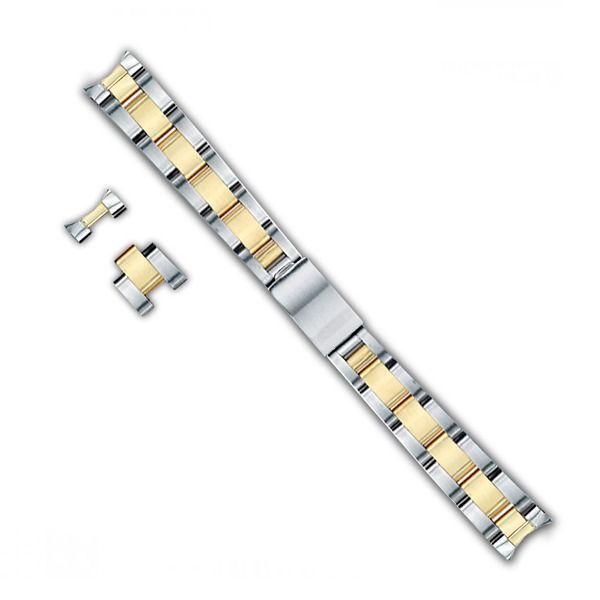 Silver metal watchband with gold links, shown in separate pieces on a white background
