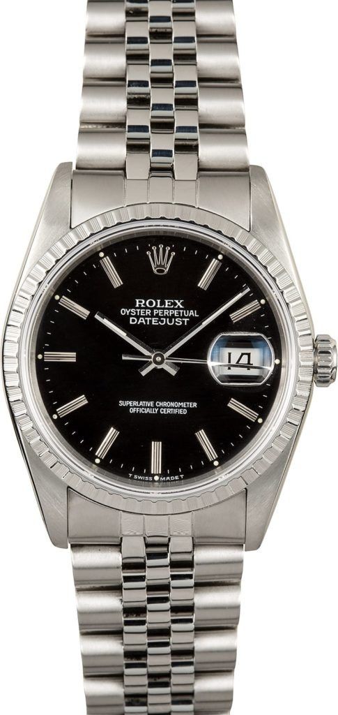 Silver wristwatch with black dial, diamond hour markers, and date display on a metal band