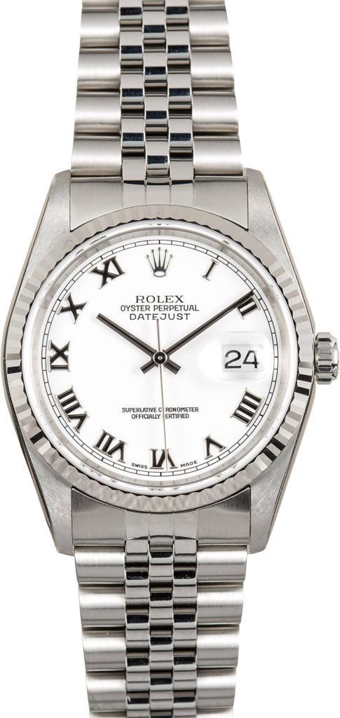 Silver wristwatch with Roman numeral dial and date display on a metal link band