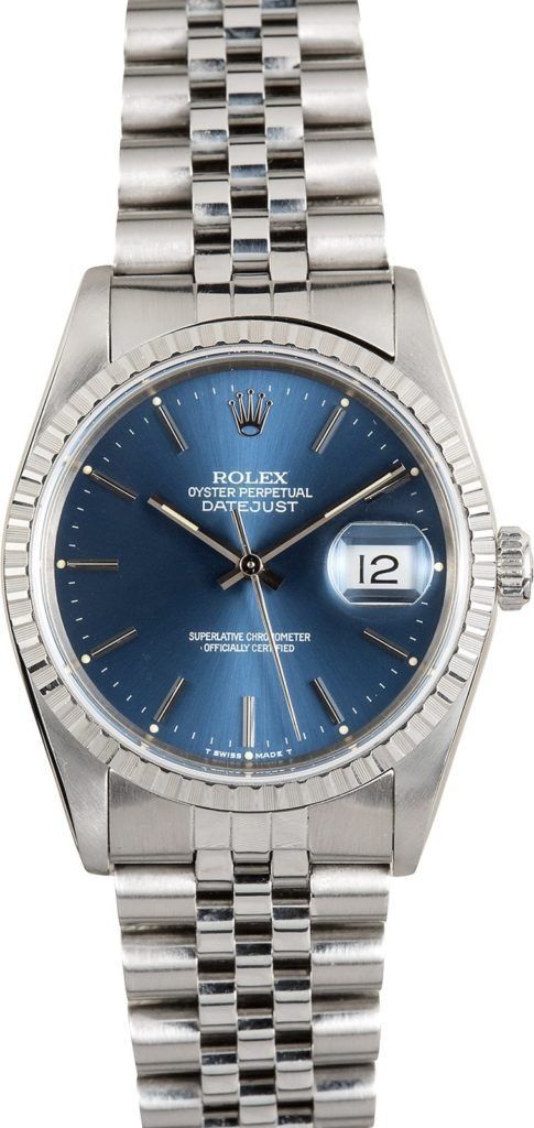 Silver wristwatch with blue dial and date display
