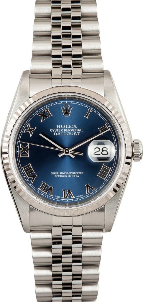 Silver wristwatch with blue dial and date display on a metal bracelet