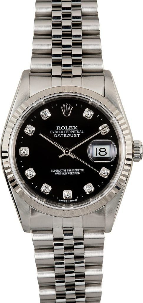 Silver wristwatch with black dial, diamond markers, and date display on a metal band