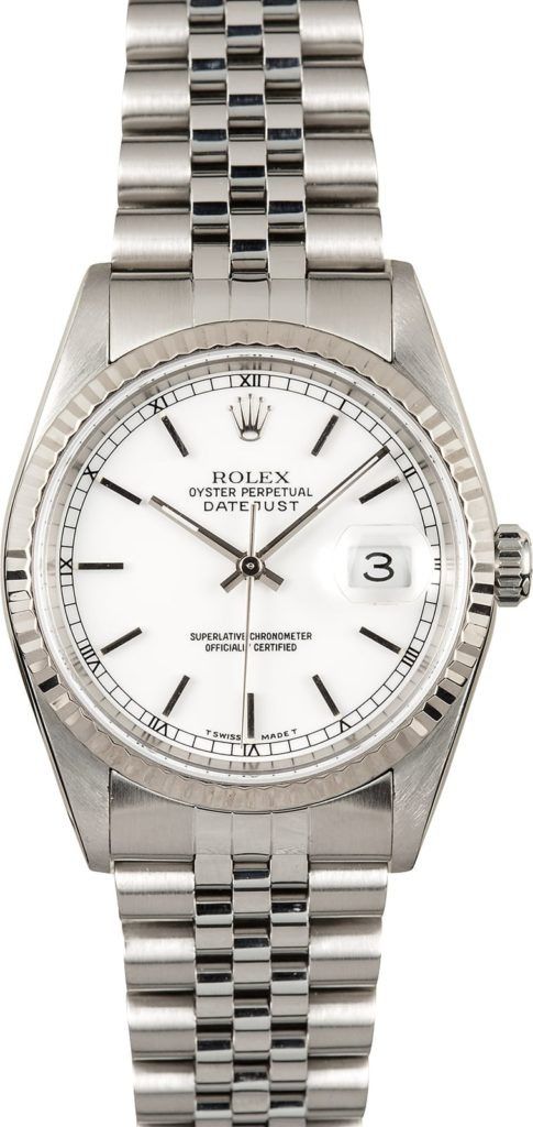 Silver Rolex wristwatch with white dial and date display on a stainless steel band