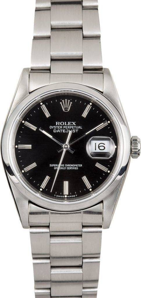 Silver wristwatch with a black dial and date display on a metal band