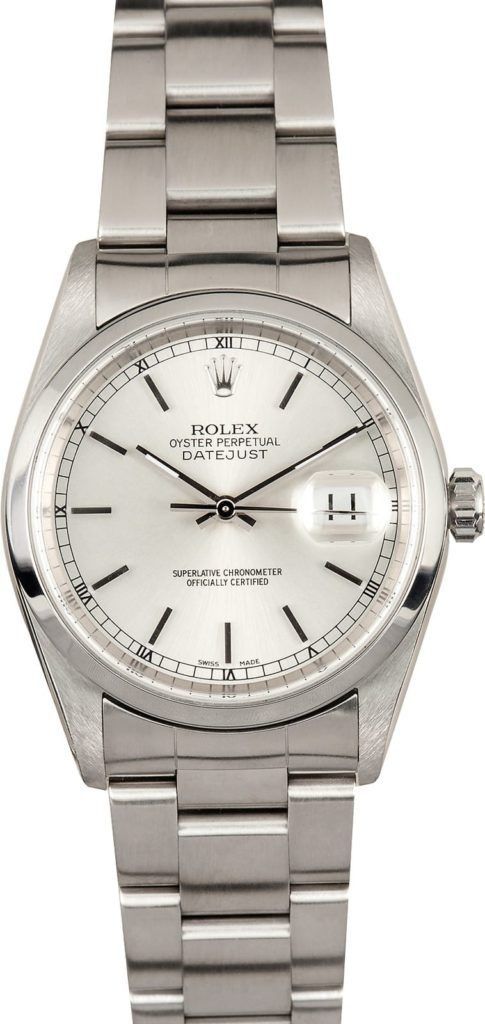 Silver wristwatch with a white dial and metal band, showing date window and Roman numerals.