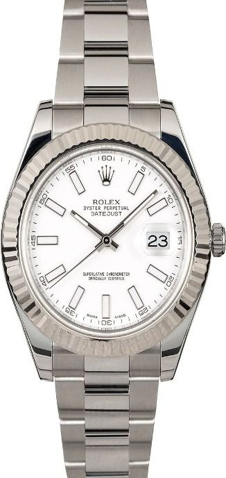 Silver Rolex wristwatch with white face and date display on a metal band