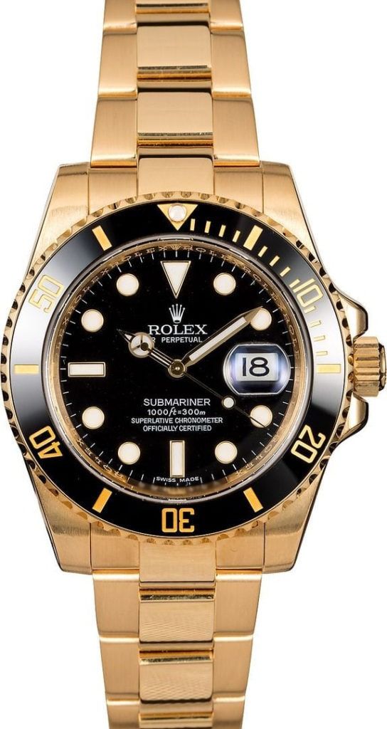 Gold Rolex Submariner watch with black dial and bezel, displaying date at 3 o’clock