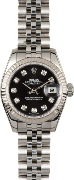 Silver wristwatch with black dial and diamond hour markers on a metal bracelet.