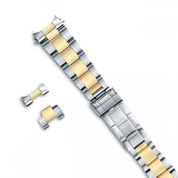Two-tone silver and gold watch band with clasp components on a white background