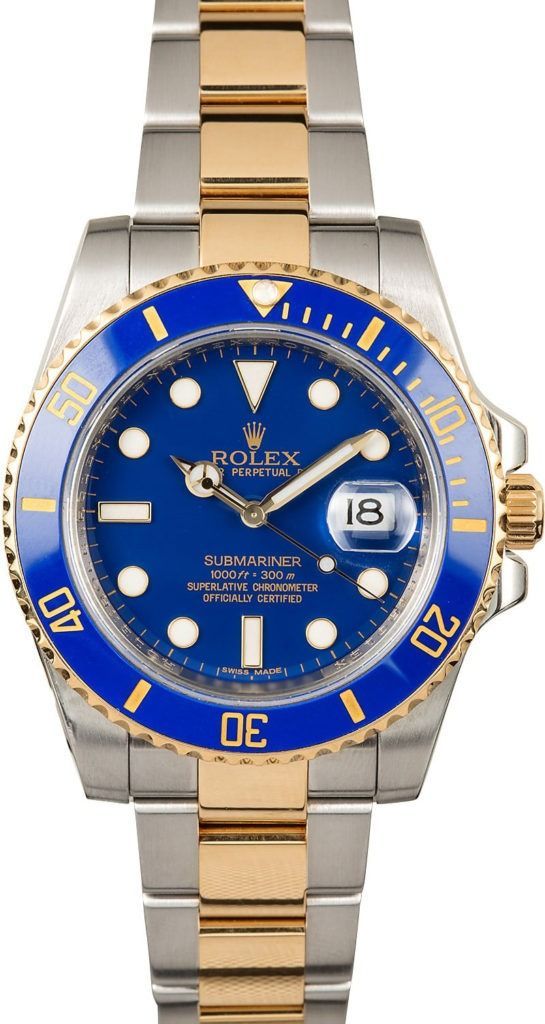Blue and gold luxury wristwatch with silver band, date display, and luminous markers on a blue dial